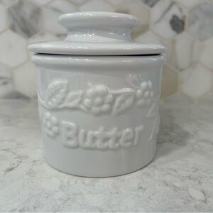 Butter Bell 4” Butter/Beurre Crock White Embossed Floral Design